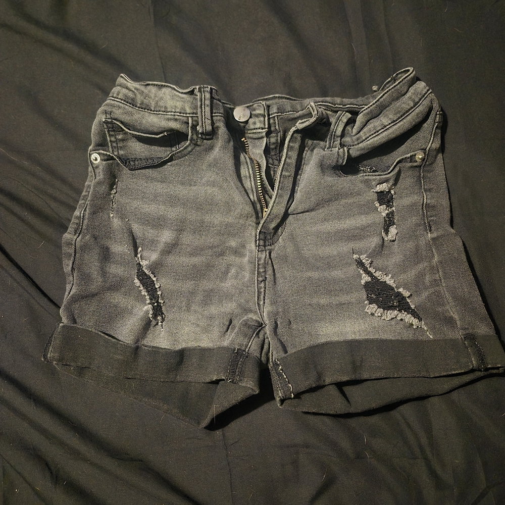 High Waist Distressed Black Denim Shorts